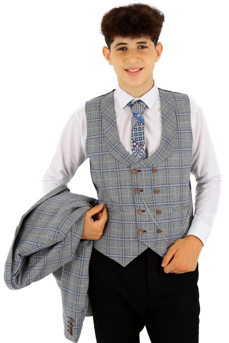 Boys Windowpane Check Slim Fit Suit - Blue - Black