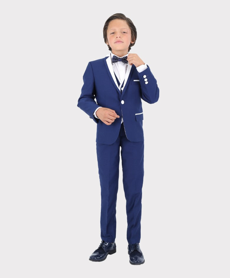 Boys Exclusive Piping Tuxedo Suit - Dark Blue - White