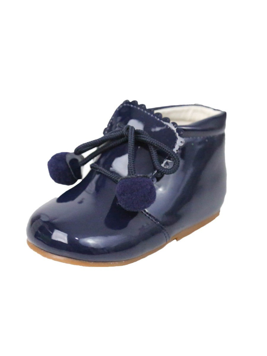 Baby Girls Pom Pom Patent Booties - Navy Blue