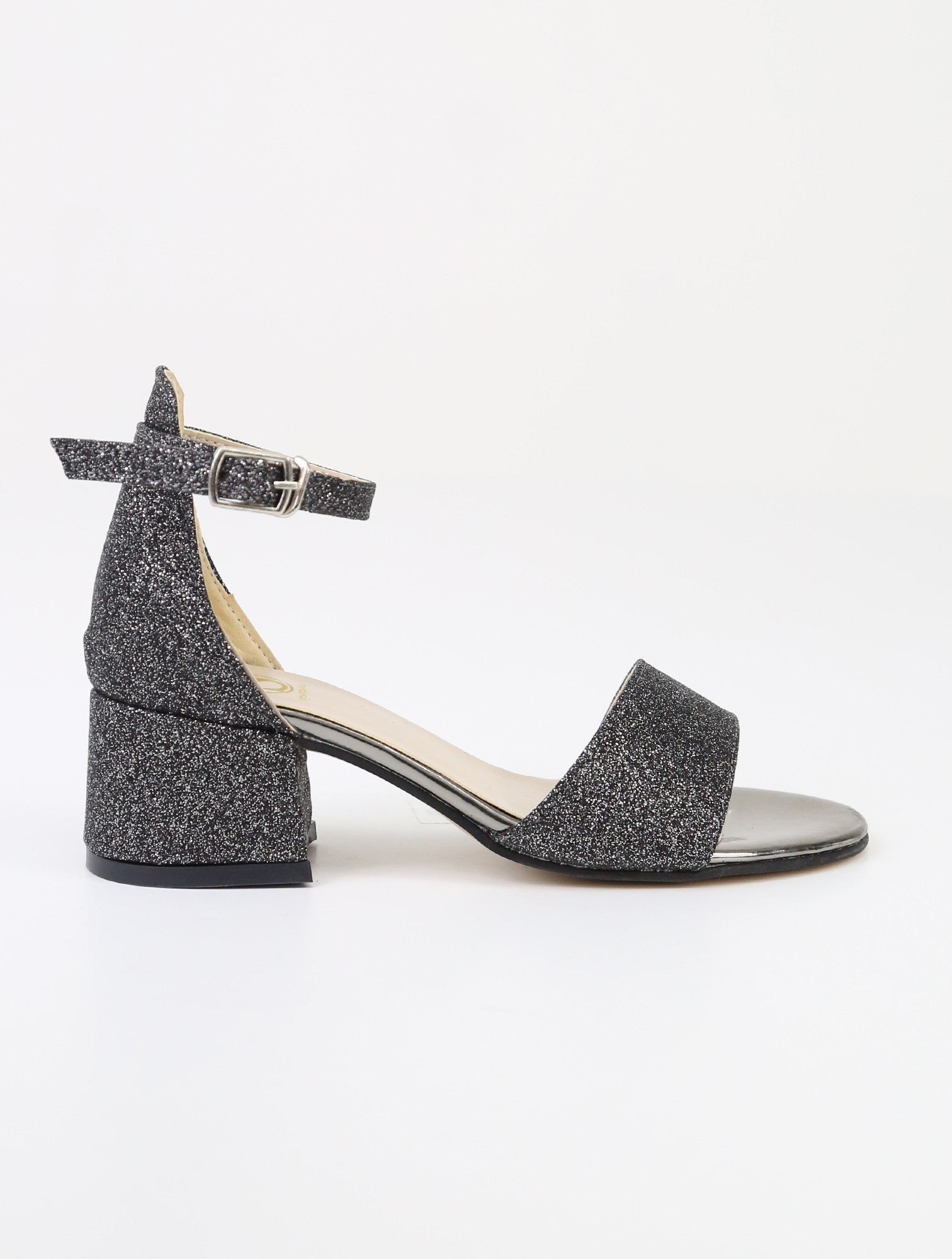 Girls Ankle-Strap Block Heel Sandals - SPARKLE - Dark Silver