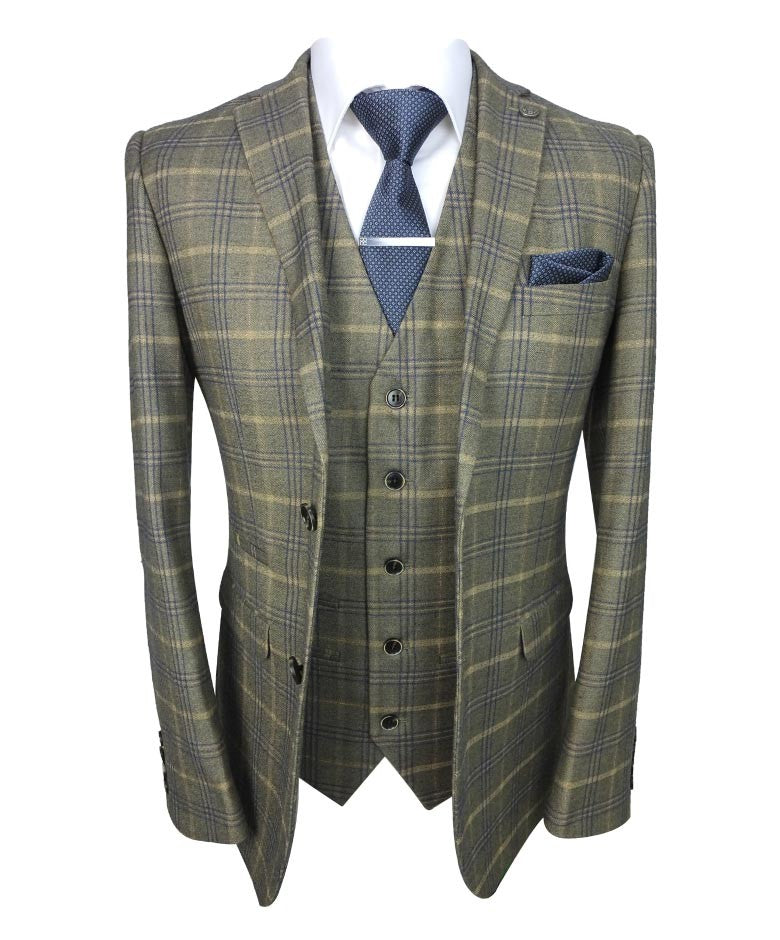 Men's Checked Plaid Three Piece Suit in Tan | Sirri