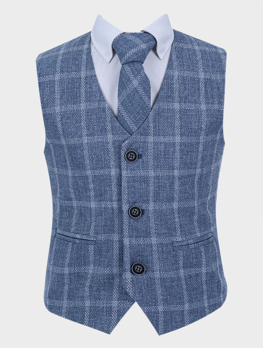 Boys Tweed Windowpane Check Cotton Waistcoat - Blue - Grey