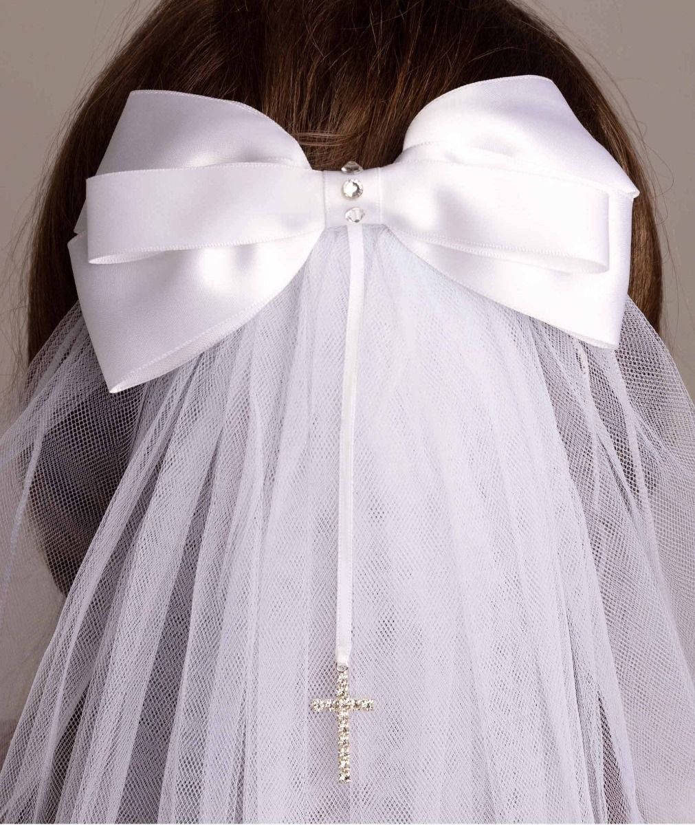 Girls White Crystal Cross & Bow Tulle Veil - 607