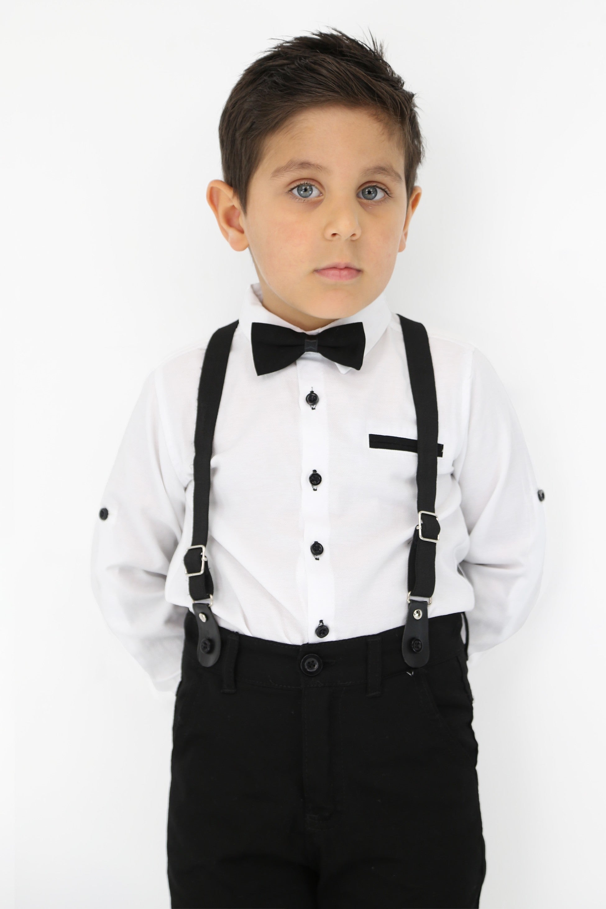 Baby & Boy Gentleman Outfit - 4 Piece Suspenders Pant Suit Set - OXFORD - White - Navy Blue