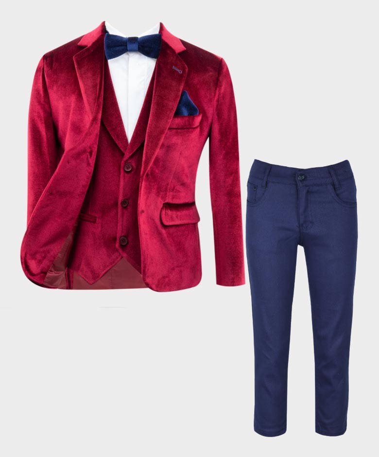 Boys Tailored Fit Velvet Blazer with Elbow Patches - Claret Red