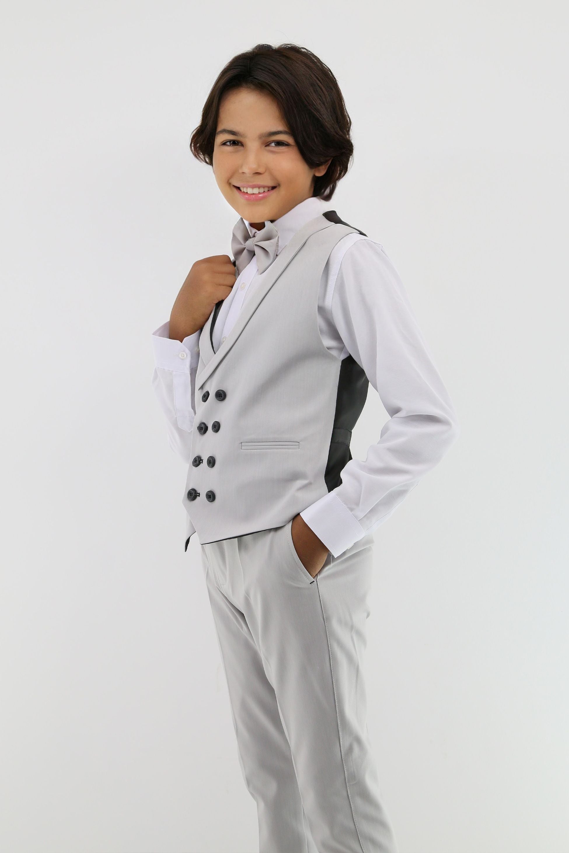 Boys Suit with Double Breasted Waistcoat 6 PC Set - Slate Grey