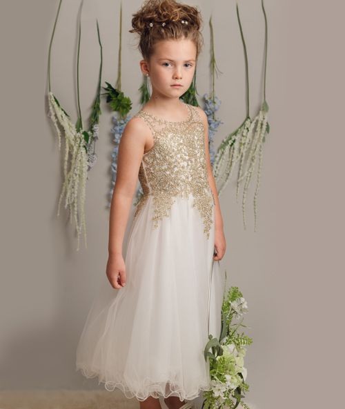 Girls' Ivory/Gold Lace Beaded Dress - LINZI - Gold