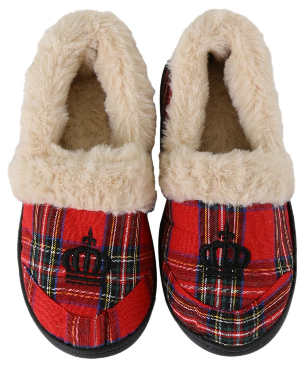 Boys Tartan Plaid Fleece Red Slippers - Crown - Red