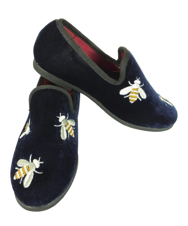 Boys Velvet Bee Embroidered Slip On Loafers - Navy Blue