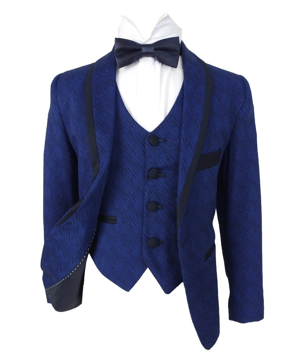 Boys Piping Textured Suit - MATTEO - Navy Blue