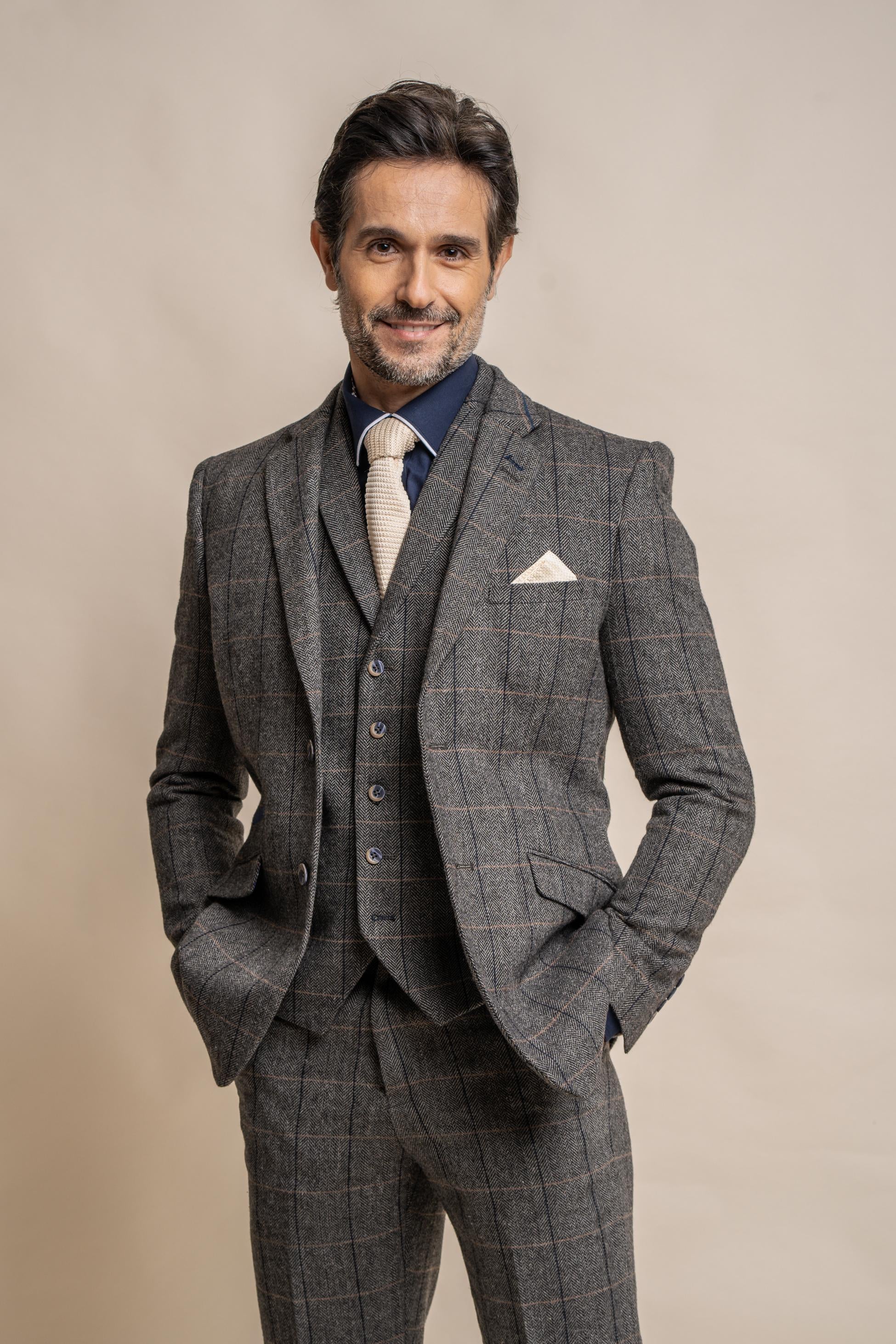 Men's Wool Blend Herringbone Check Suit - Albert - Grey