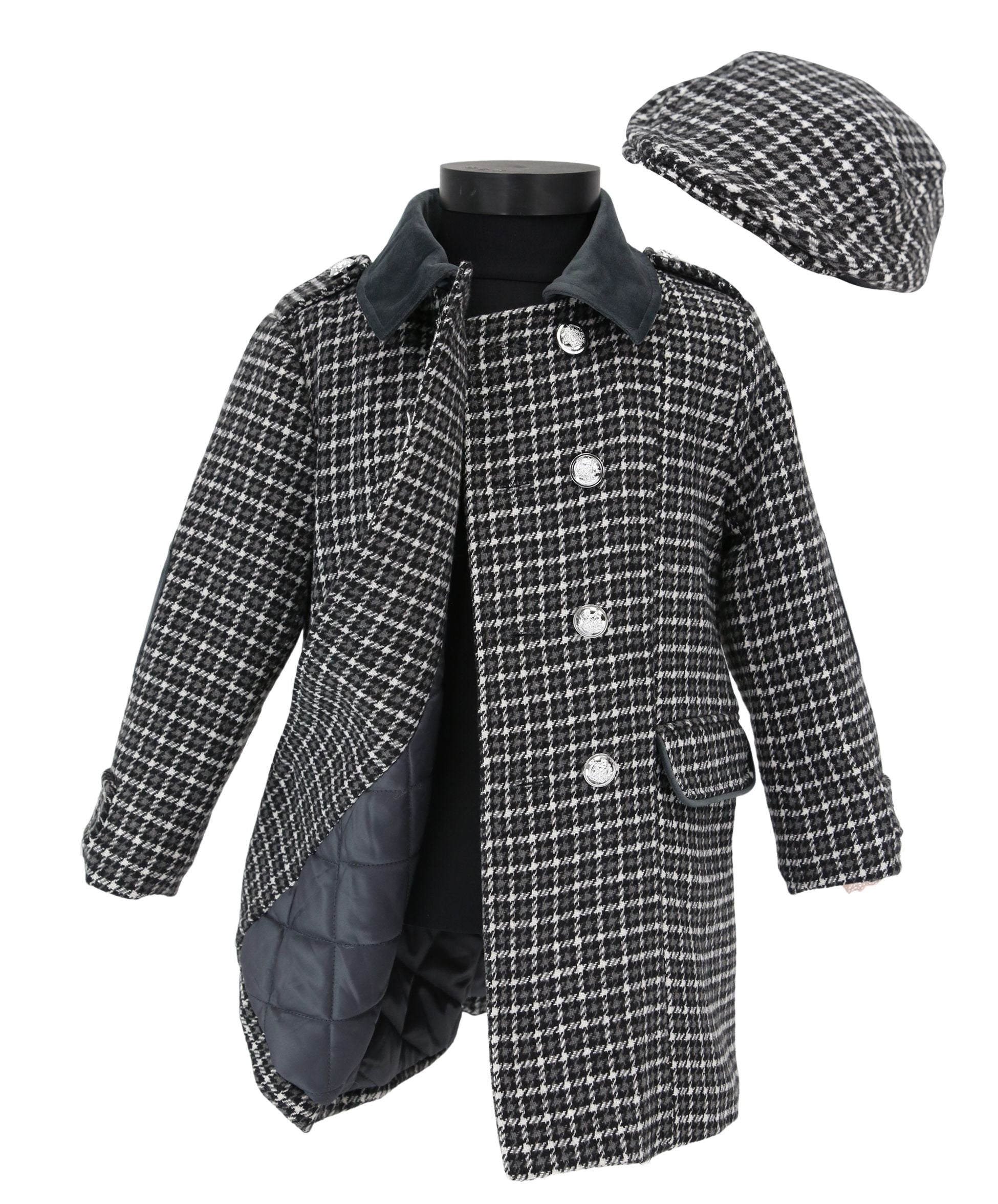 Boys Tweed Houndstooth Pea Coat with Matching Cap - Charcoal Grey