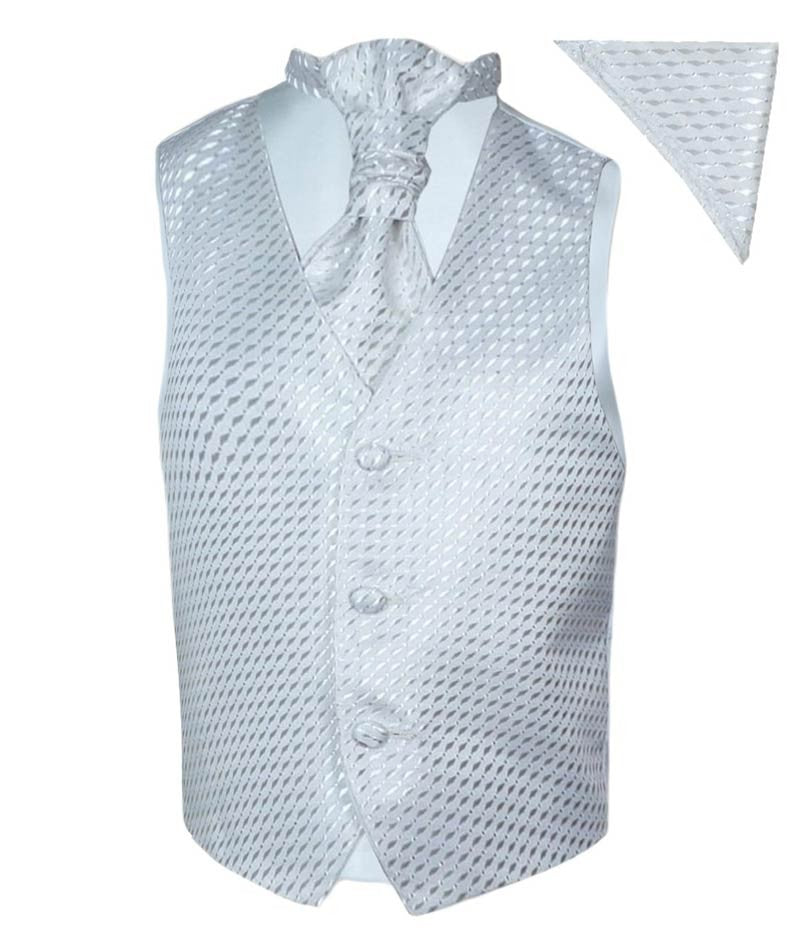 Boys Patterned Waistcoat Cravat Hanky Set - Cream - Ivory