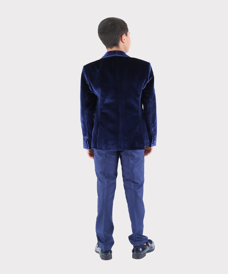 Boys Sheen Lapel Velvet Tuxedo Suit - Navy Blue