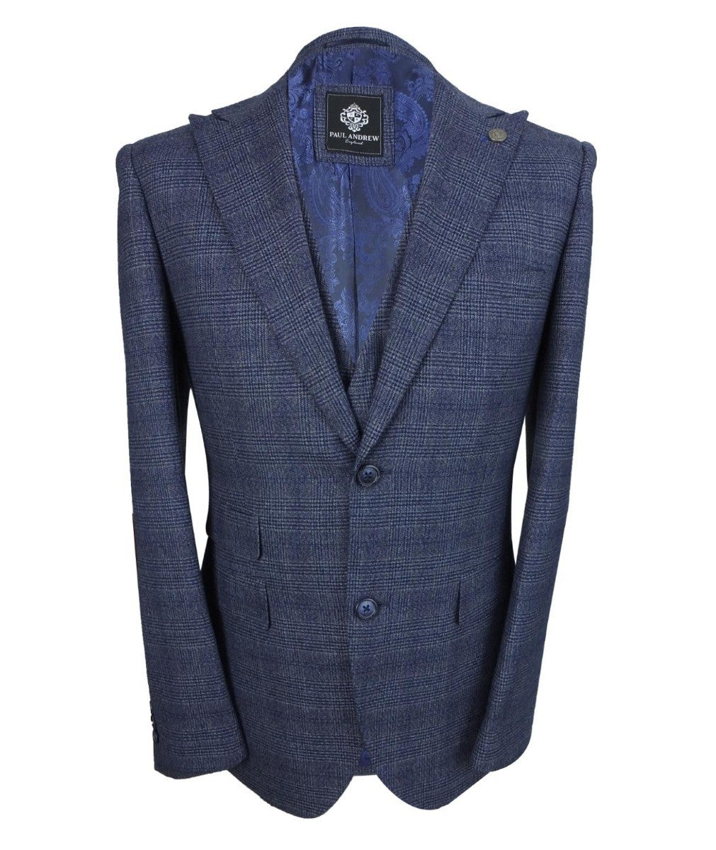 Men's Tweed Check Blue Suit - GRAHAM - Blue