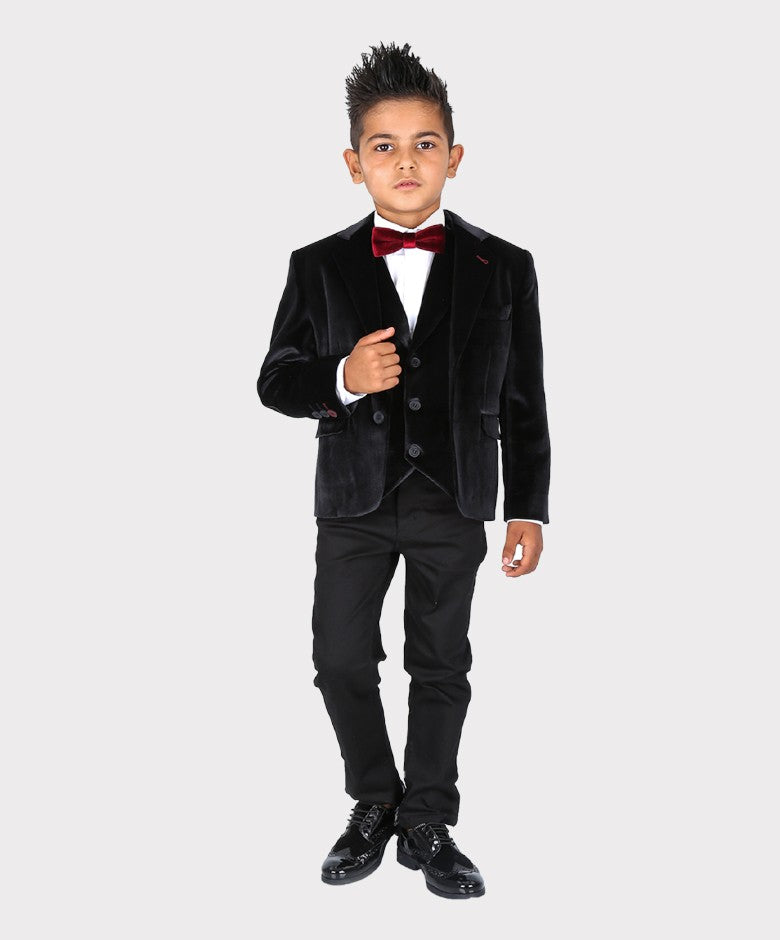 Boys Tailored Fit Velvet Suit with Elbow Patches - Black