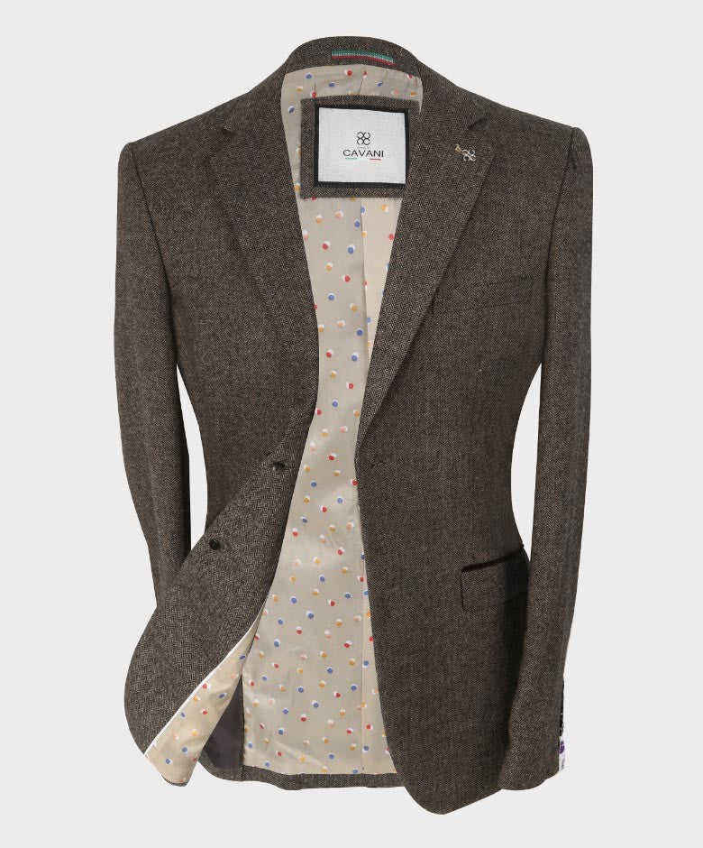 Men's Herringbone Tweed Slim Fit Suit Jacket - MARTEZ - Brown