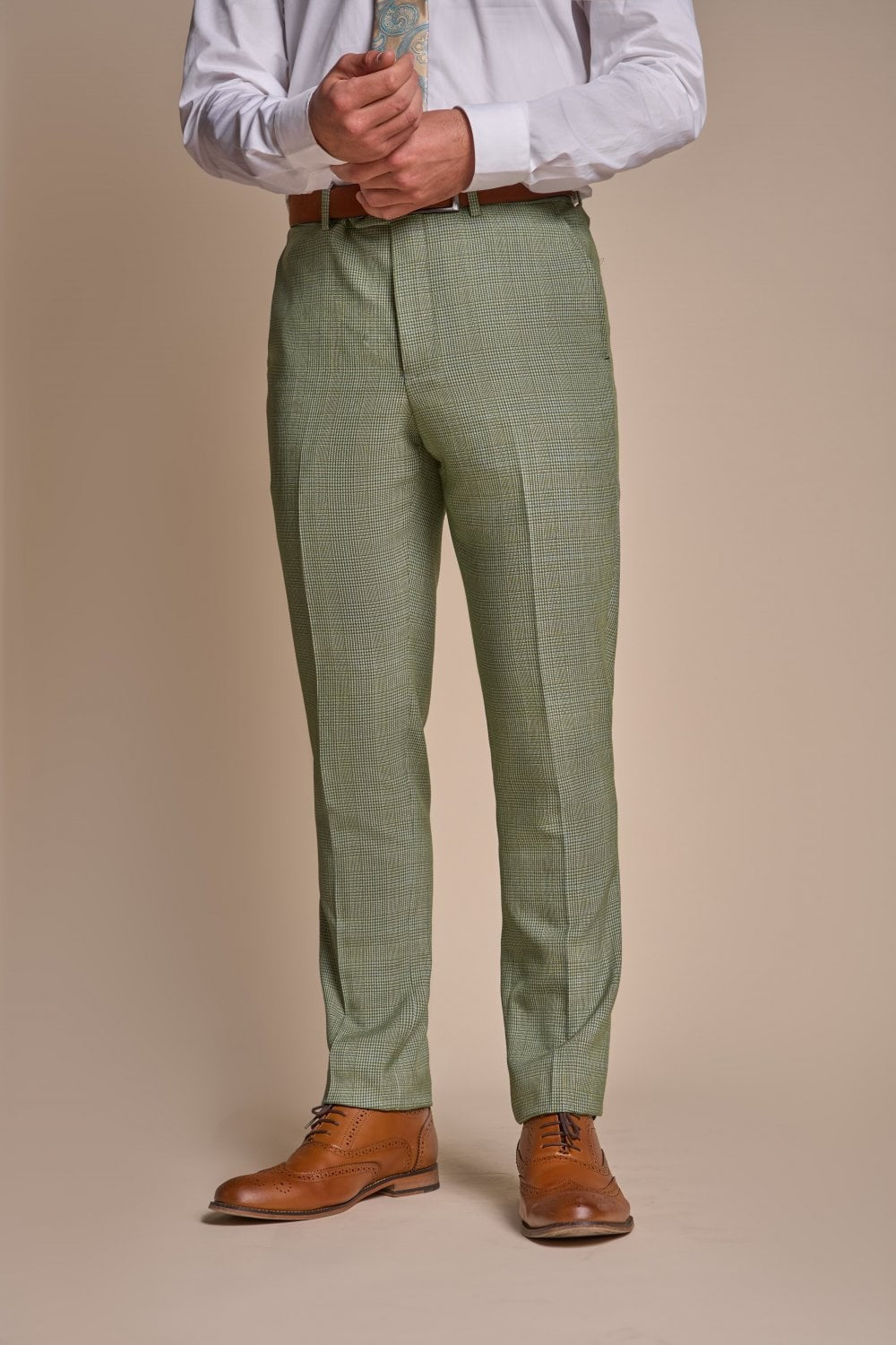 Men's Slim Fit Tweed Check Trousers - CARIDI SAGE - Sage Green