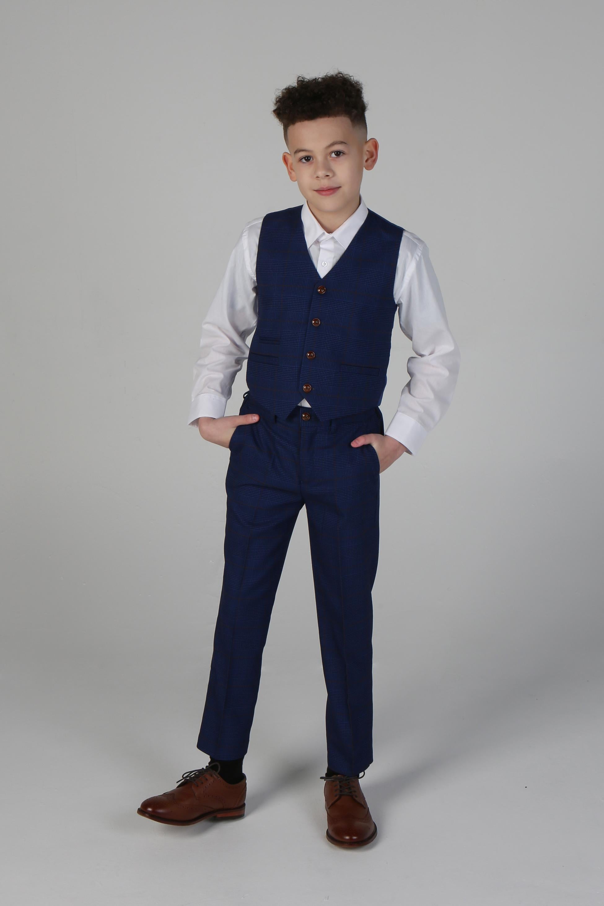 Boys Tweed Check Tailored Fit Navy Suit - ALEX - Royal Blue