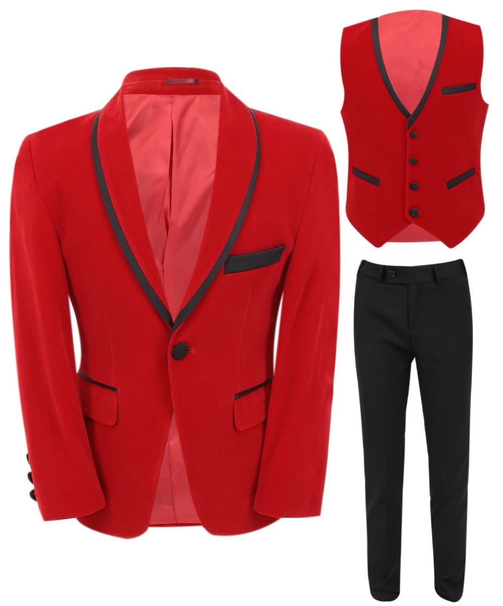 Boys Slim Fit Piping Velvet Tuxedo Suit - LONDON - Red