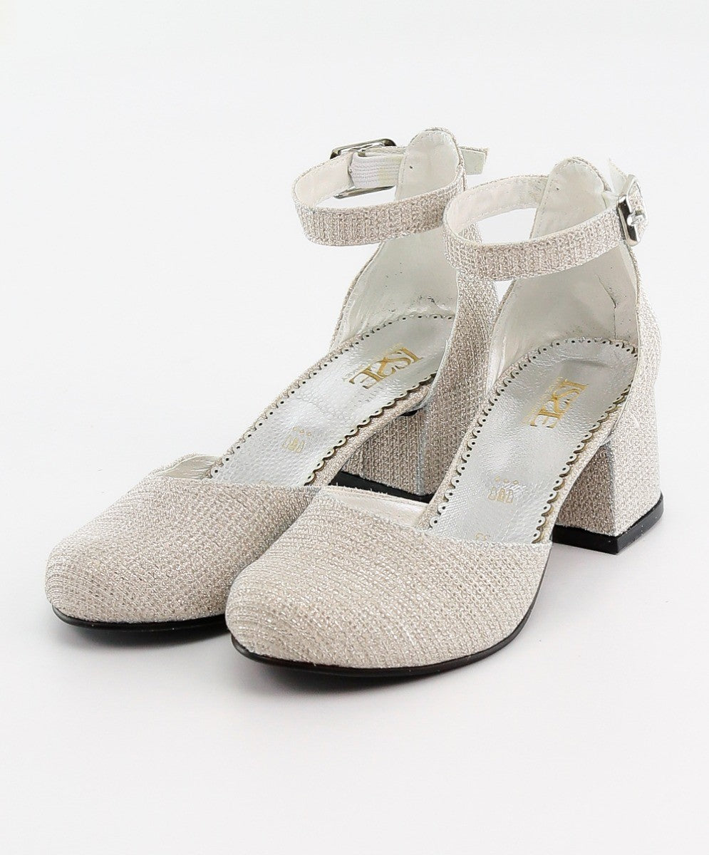 Girls Communion Block Heel Ankle Strap Dress Shoes - Cream - Gold