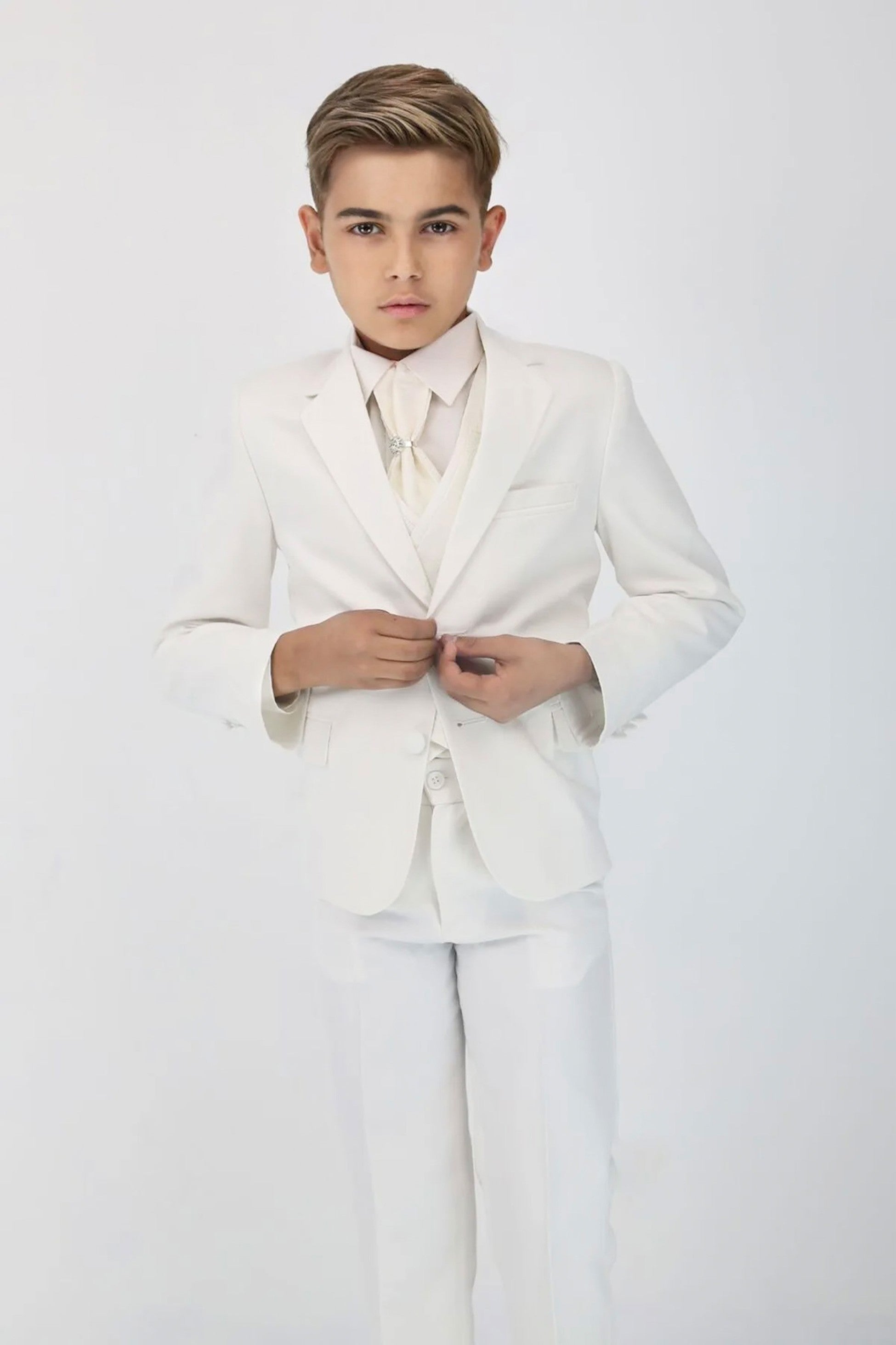 Boys 5 PC Ivory Suit Set, with Double-breasted Vest - Ivory