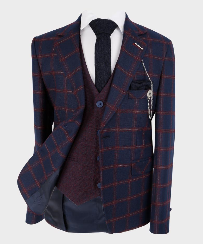 Boys Tailored Fit Windowpane Retro Check Suit - Navy Blue -Maroon