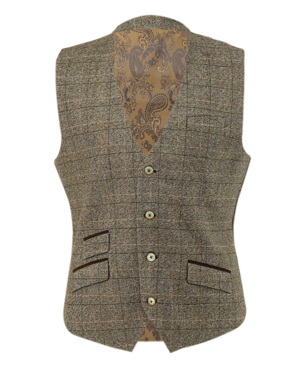 Men's Tweed Windowpane Check Waistcoat - LIAM Beige - Beige