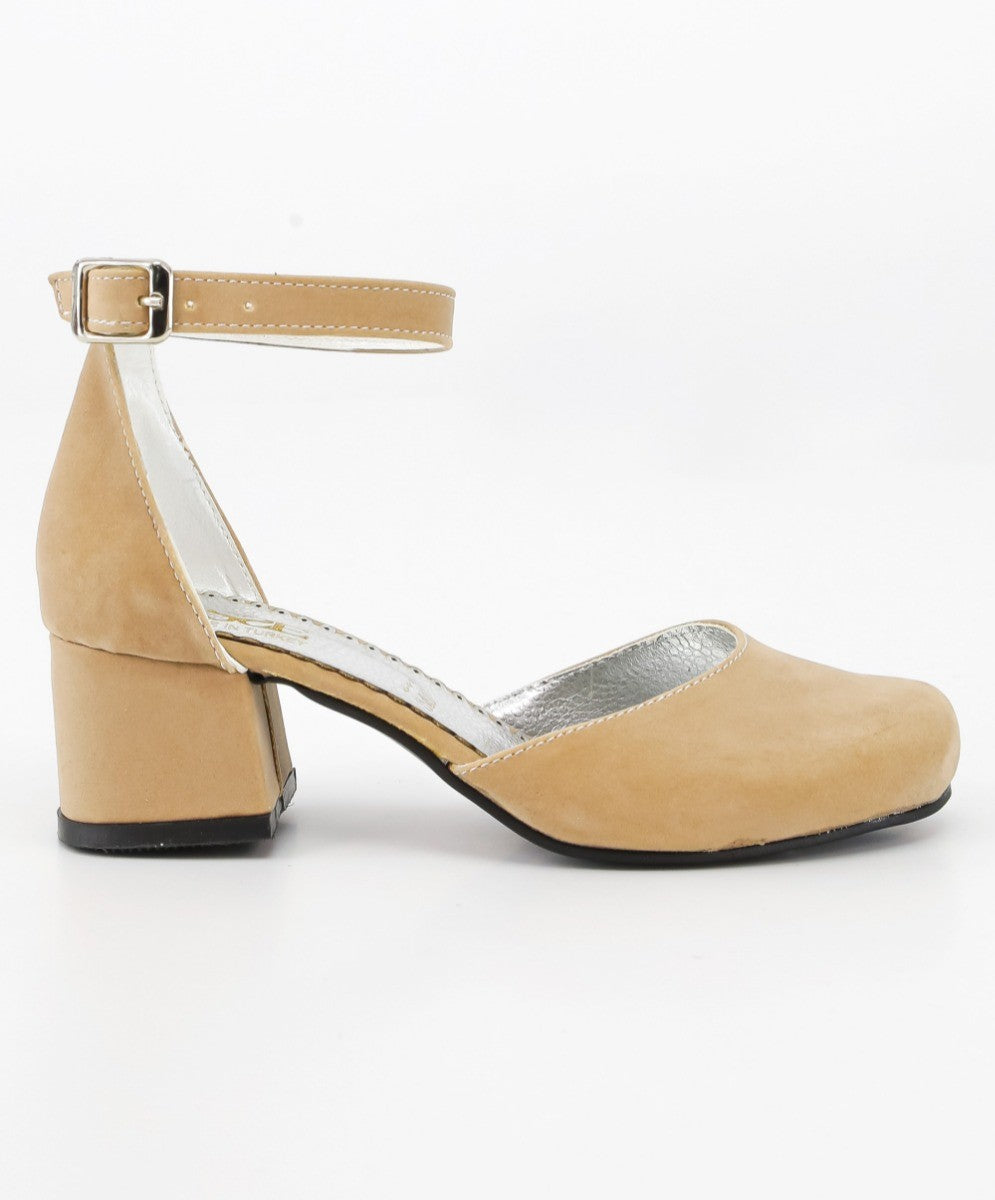 Girls Mary Jane Block Heel Shoes - Beige