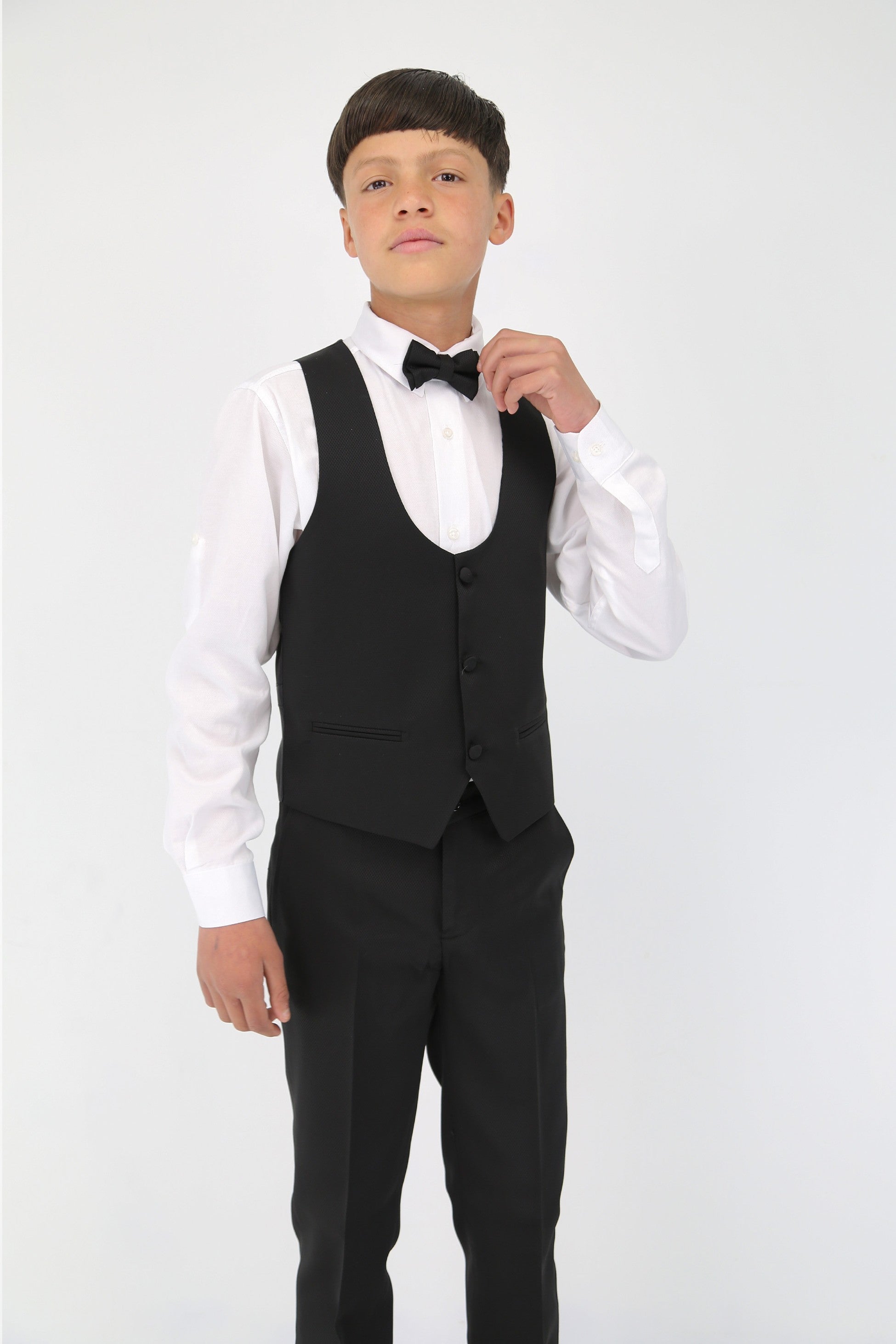 Boys' Satin Shawl Lapel Self-Patterned Tuxedo Suit, 6-Piece Set - Black