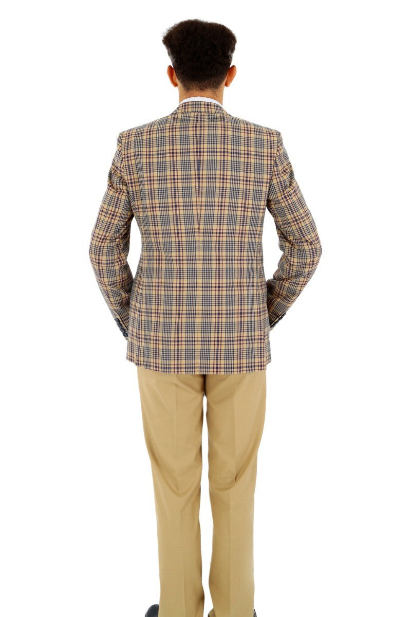 Boys Plaid Check Slim Fit Suit - Beige - Navy Blue