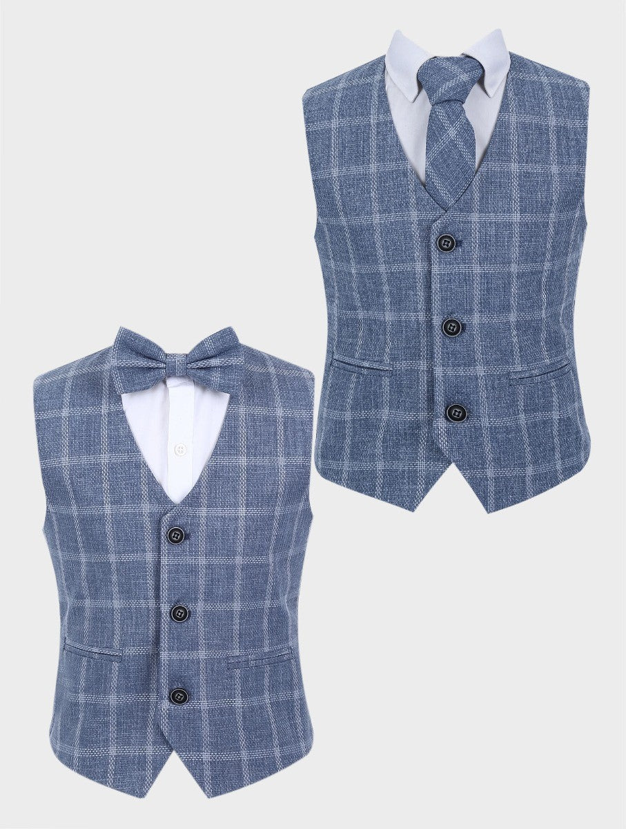 Boys Tweed Windowpane Check Cotton Waistcoat - Blue - Grey