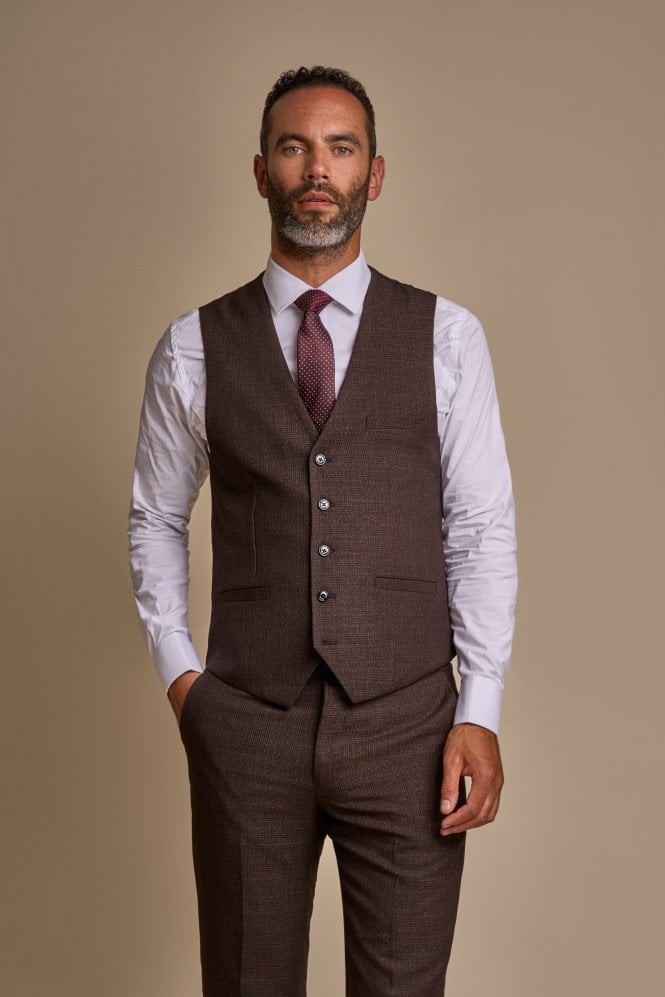 Men's Tweed Check Slim Fit Suit - CARIDI - Brown