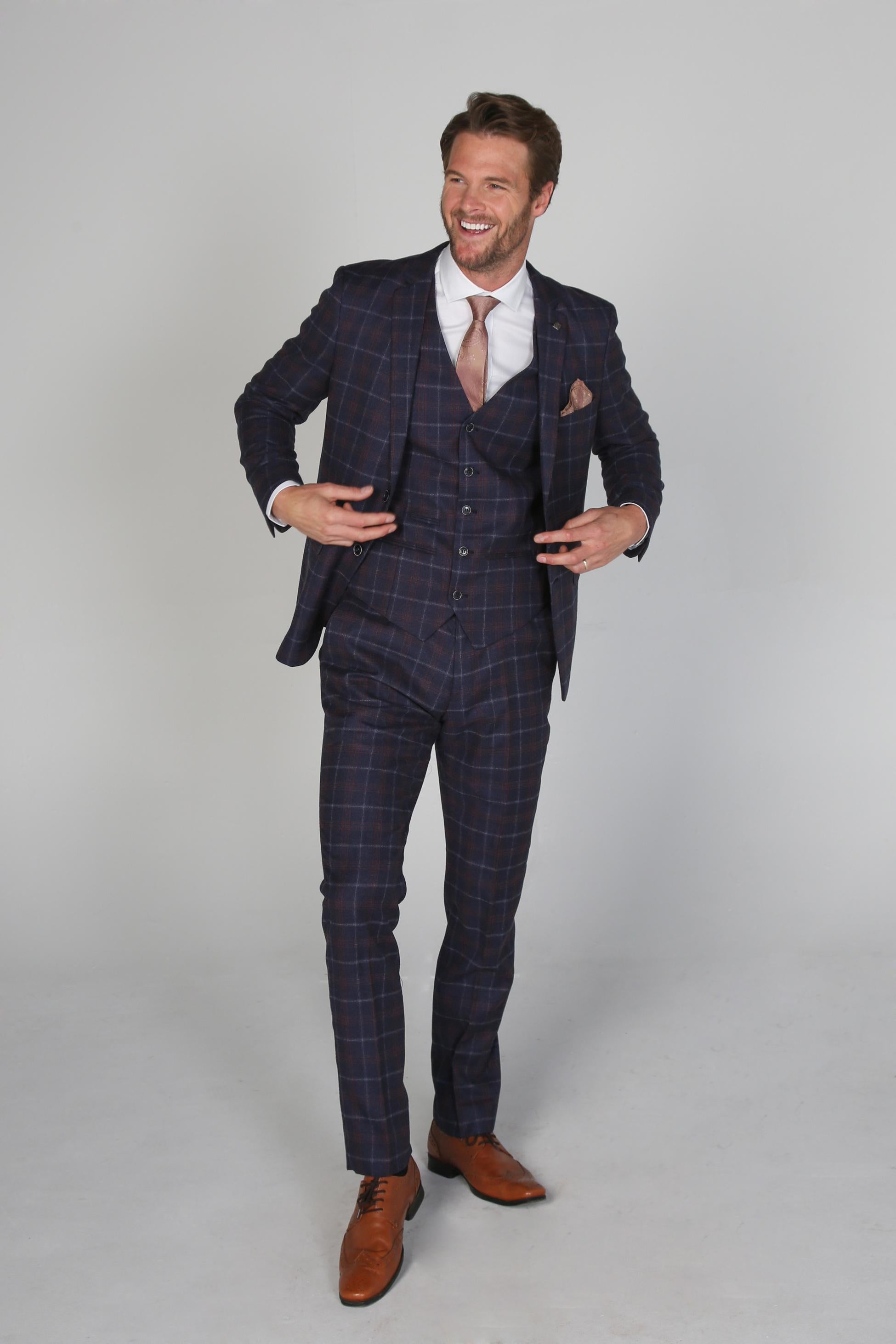 Men's Tailored Fit Retro Check Suit - KENNETH - Navy Blue - Maroon