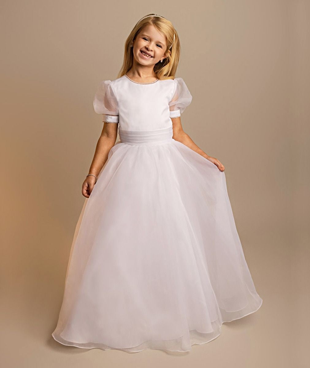 Girls' White Puff Sleeve Communion Dress with Tulle Skirt & Bow - Maryam - White