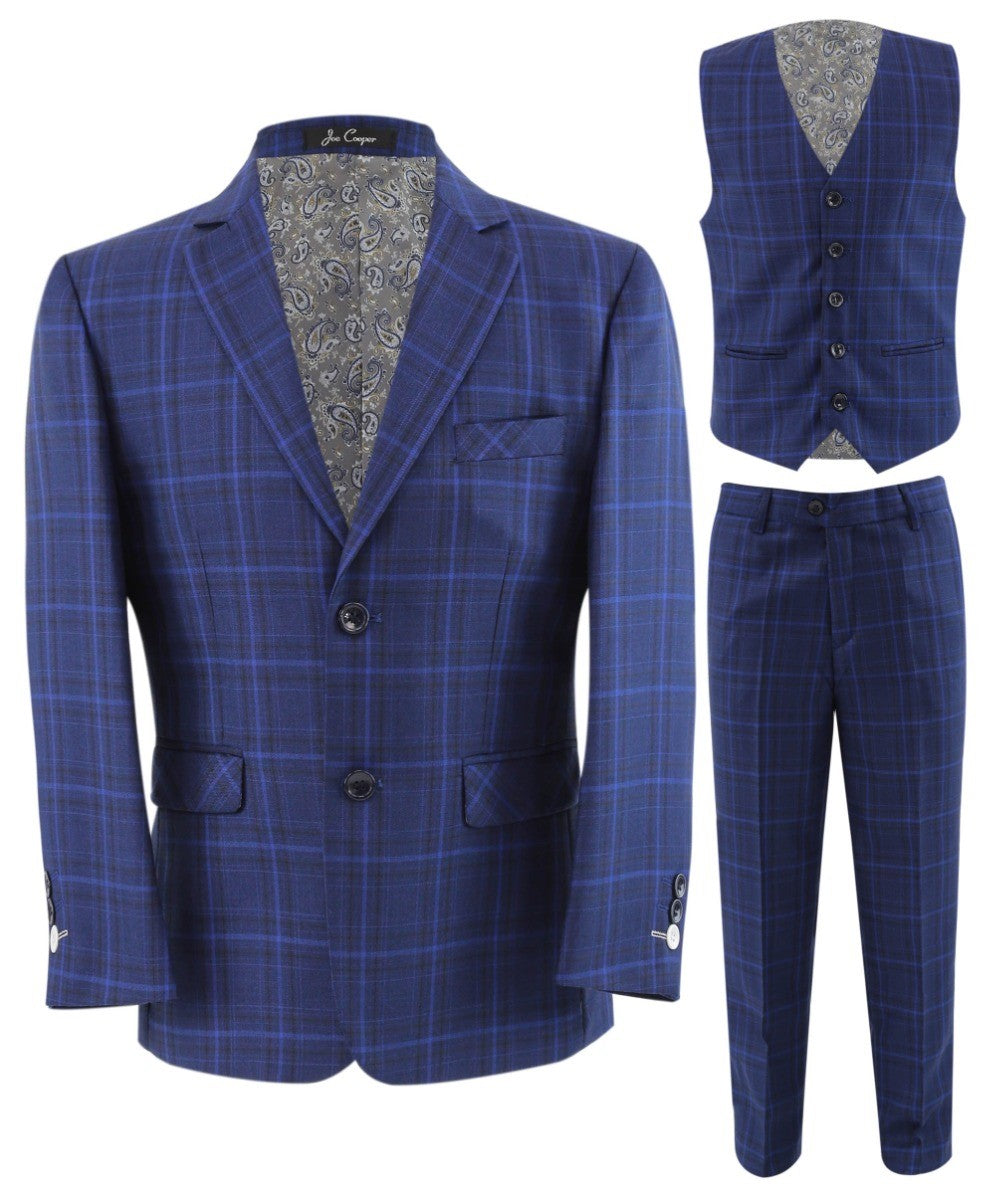 Boys Retro Check Tailored Fit Blue Suit - MATTHEW - Dark Blue