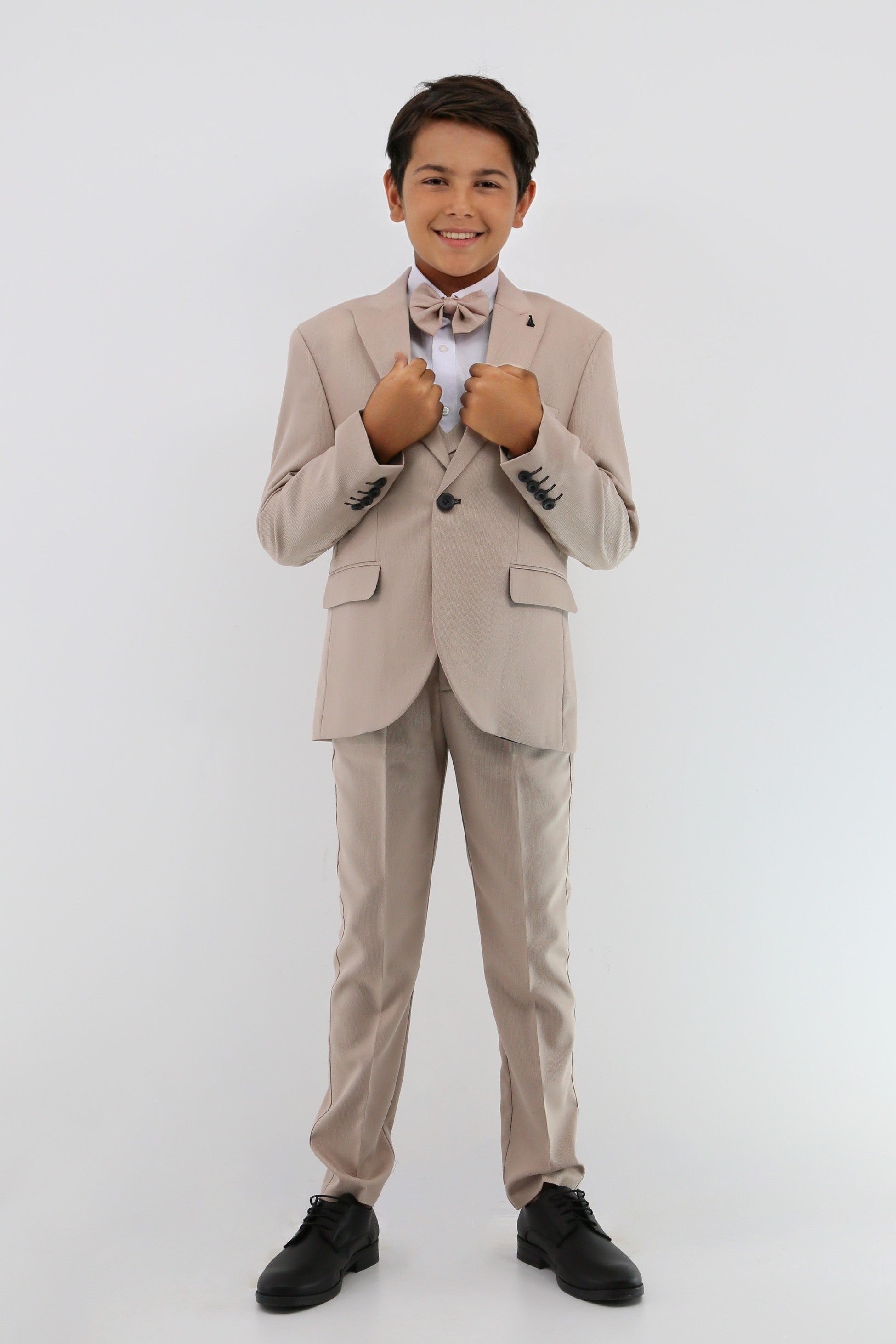 Boys Suit with Double Breasted Waistcoat 6 PC Set - Taupe Beige