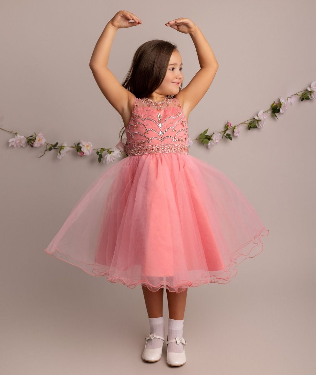 Girls Tulle Dress with Sequin Embellishments - LOLA - Coral Pink