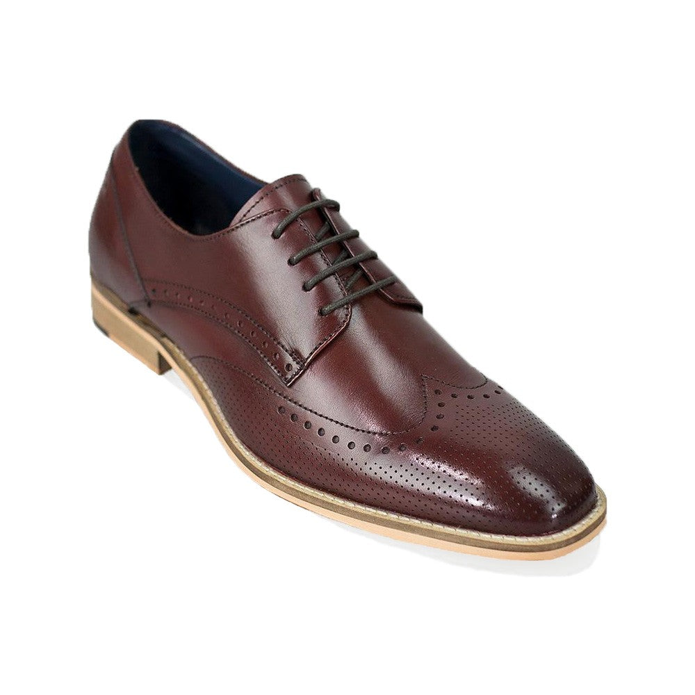 Men's Leather Lace Up Wingtip Brogue Shoes - ROME - Cherry Red