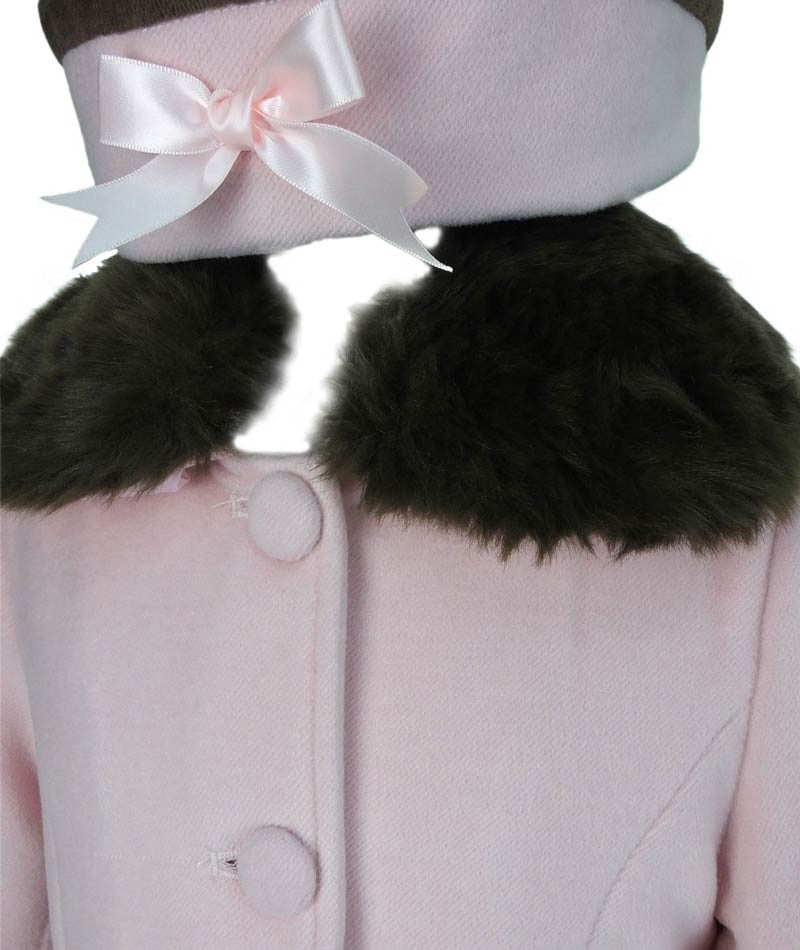 Girls Coat with Detachable Fur Collar and Hat Set - Pink