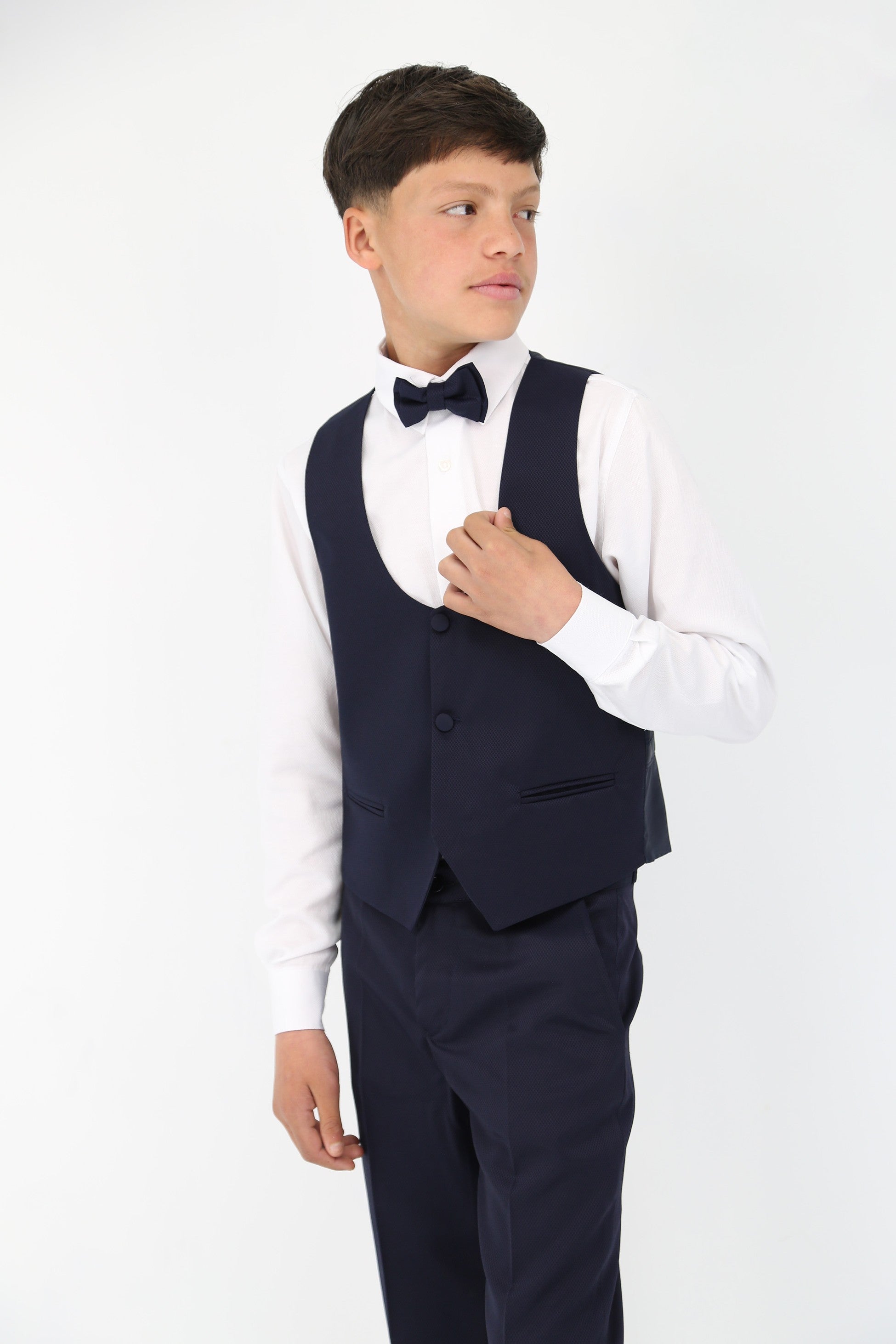 Boys' Satin Shawl Lapel Self-Patterned Tuxedo Suit, 6-Piece Set - Navy