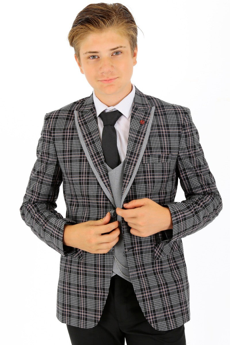 Boys Plaid Check Slim Fit Suit - Black - Grey