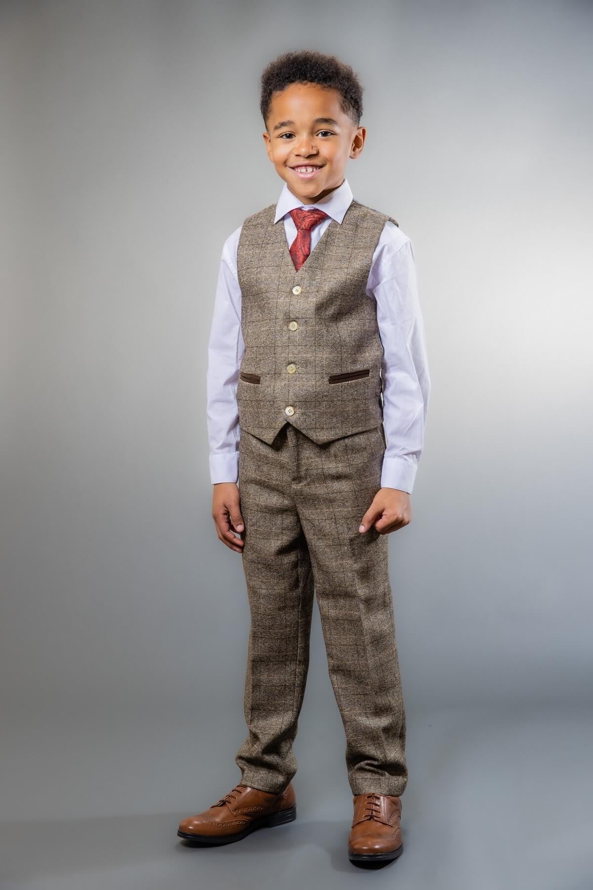 Boys Tweed Check Tailored Fit Beige Suit - LIAM - Beige