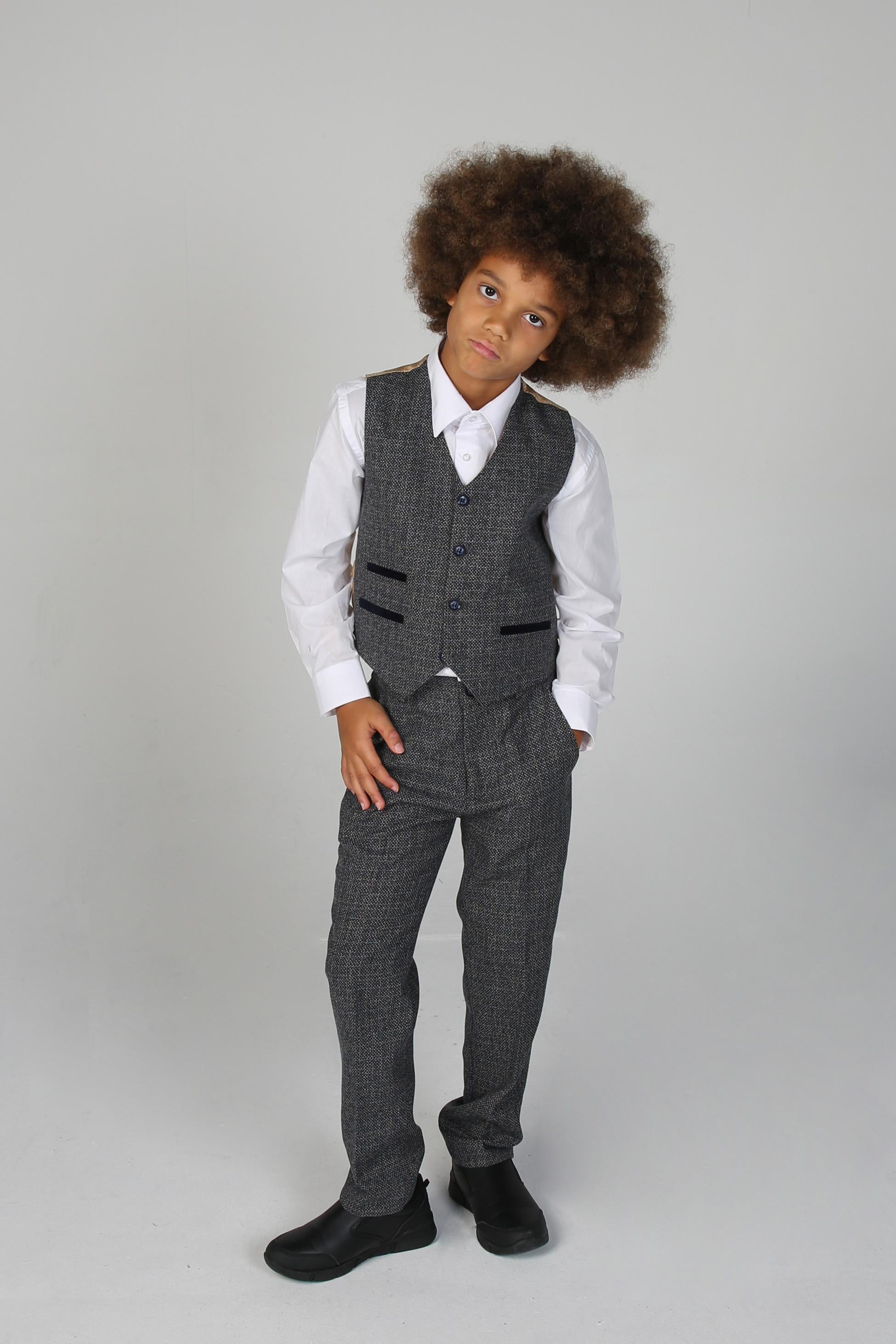 Boys Tweed Tailored Fit Formal Suit - Ralph - Grey - Navy Blue