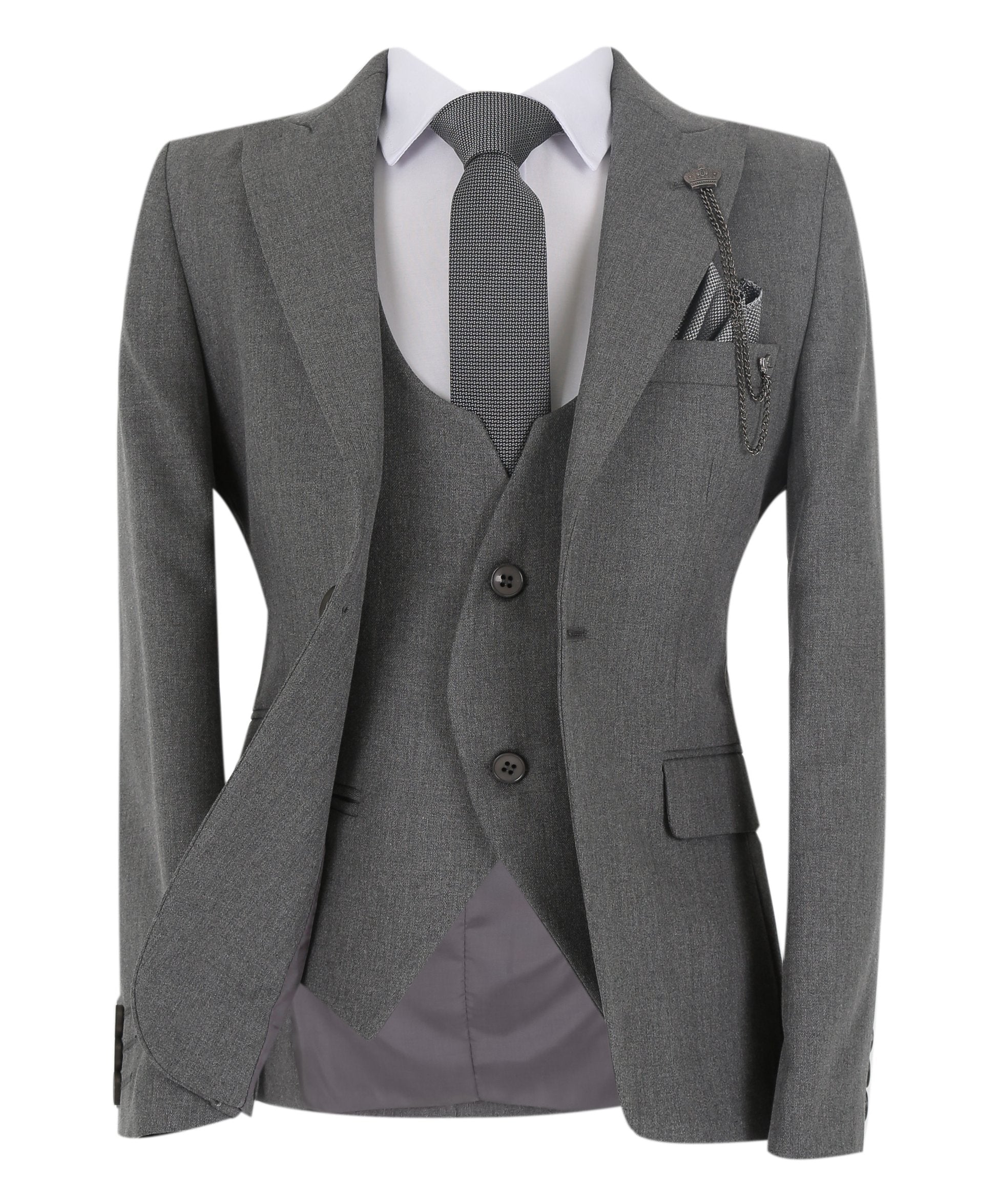 Boys Slim Fit Herringbone 8 Piece Suit Set - KING - Grey