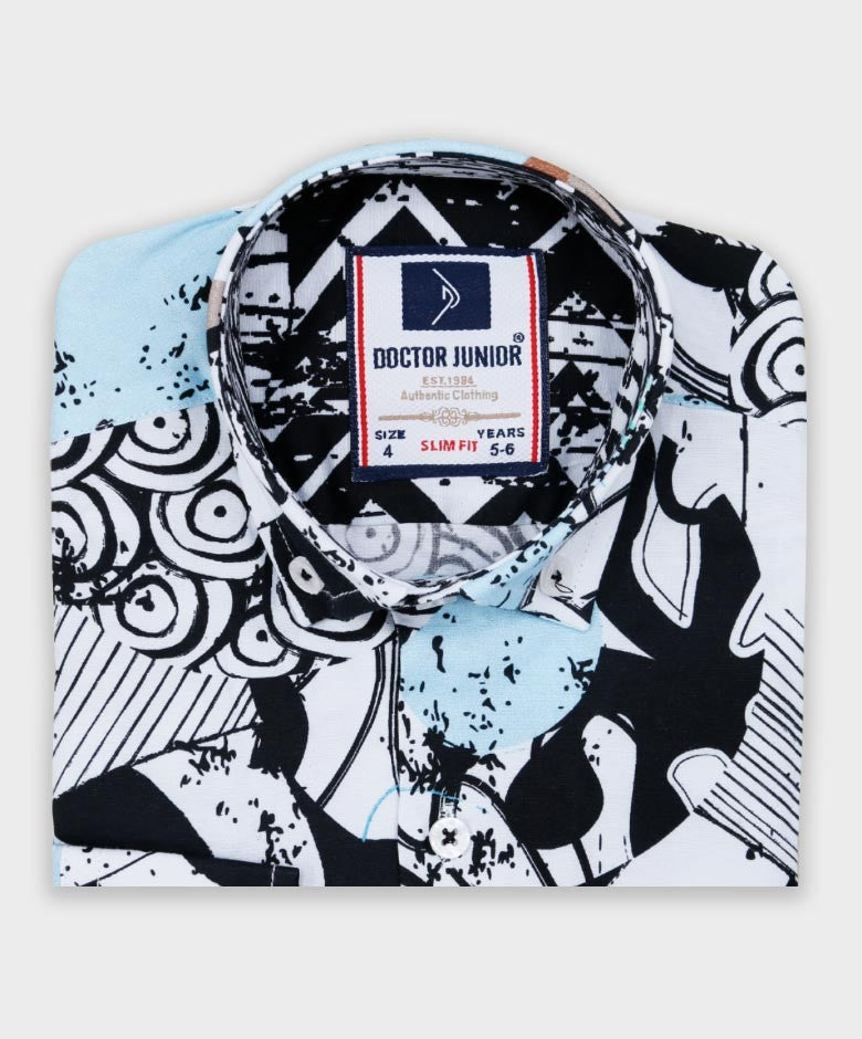 Boys Zen Doodle Printed Fashion Shirt - White- Blue