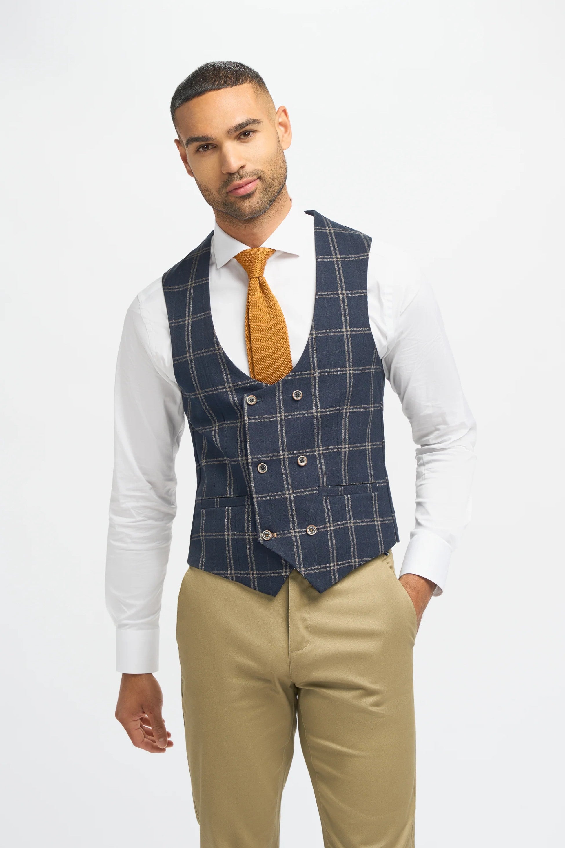 Men's Navy Blue Hardy Check Suit Jacket and Double-Breasted Waistcoat with Casual Stone Beige Cotton Chino Trousers - Navy Blue - Stone Beige