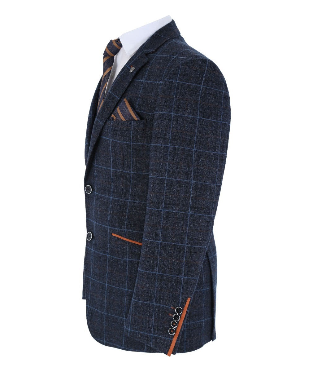 Men's Tailored Fit Retro Check Suit Jacket - ANTHONY NAVY - Navy Blue