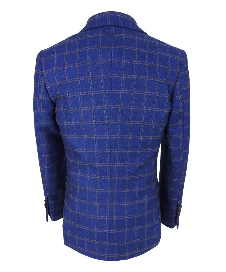 Boys Slim Fit Royal Blue Retro Check Suit - Royal Blue- Brown