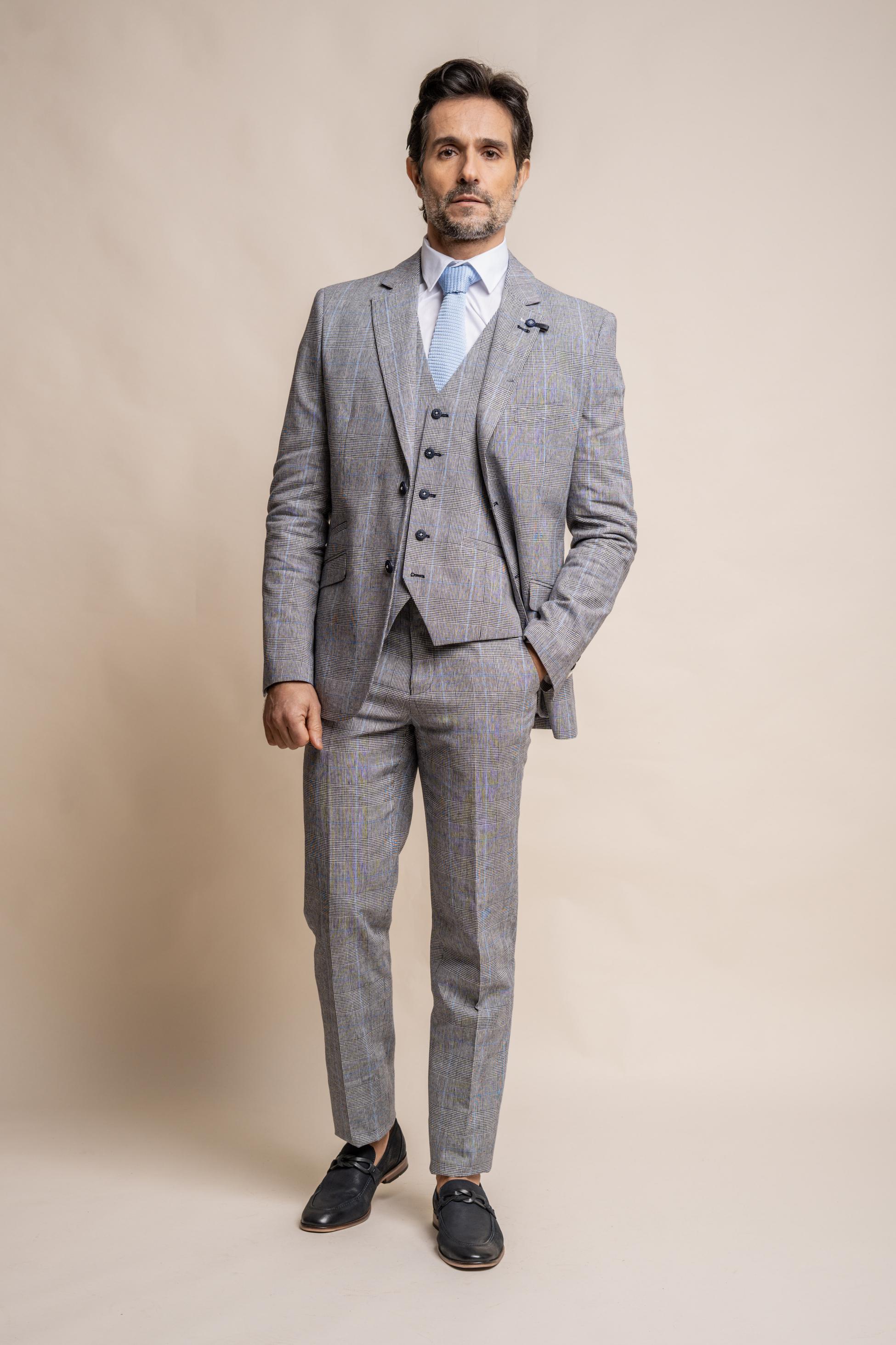 Men's Check Slim Fit Grey Suit Jacket - ARRIGA - Grey